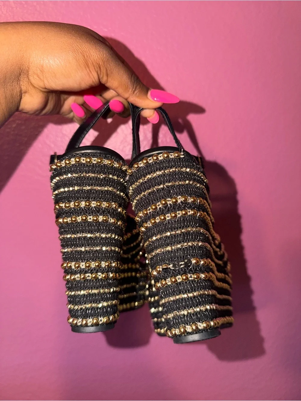 BAMBOO Black & Gold Striped Woven Platform Wedge Sandals
